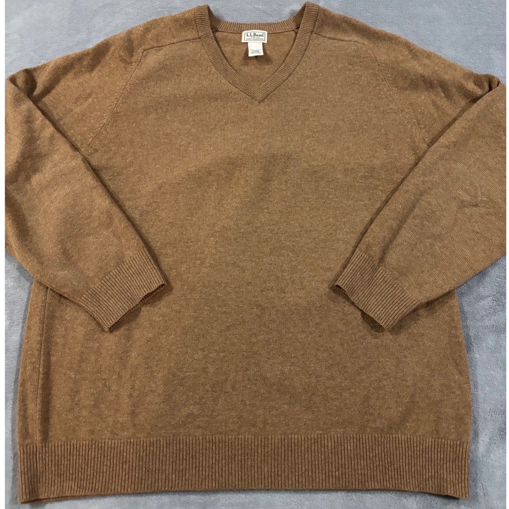 LL Bean Mens XL Tall V-Neck Sweater Brown 100% Lambswool Heathered QY79